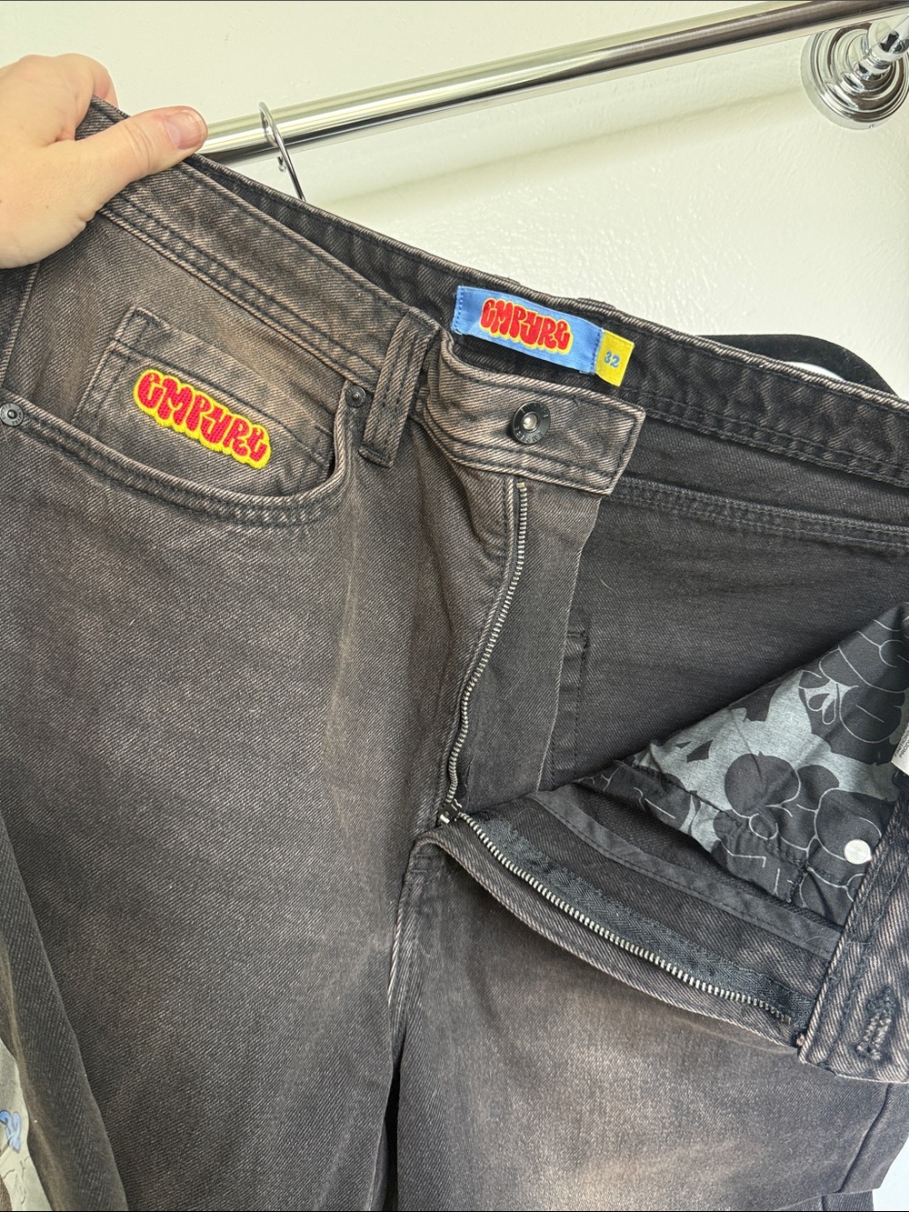 Men's Black Washed Distressed with Rust Accent Jeans - Picture 3 of 8